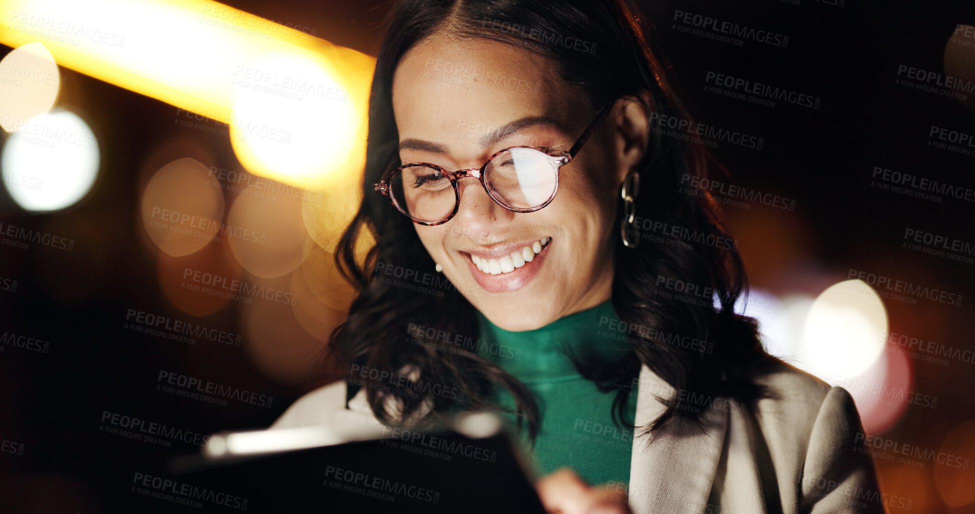 Buy stock photo Tablet, search and night with business woman in city for stock market research, planning and broker report. Account manager, overtime and bokeh with person outdoor for portfolio review and reading