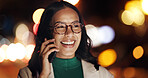 Business woman, happy and phone call in city at night, discussion or funny joke with bokeh in street. Person, smile and smartphone in dark town with chat, contact or booking taxi for trip in Ecuador