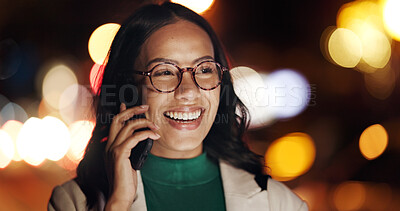 Buy stock photo Business woman, happy and phone call in city at night, discussion or funny joke with bokeh in street. Person, smile and smartphone in dark town with chat, contact or booking taxi for trip in Ecuador