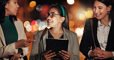 Buy stock photo Tablet, night and planning with business people in city for stock broker report, market research and team. Bokeh, trading app and investor partnership with women outdoor for overtime and account