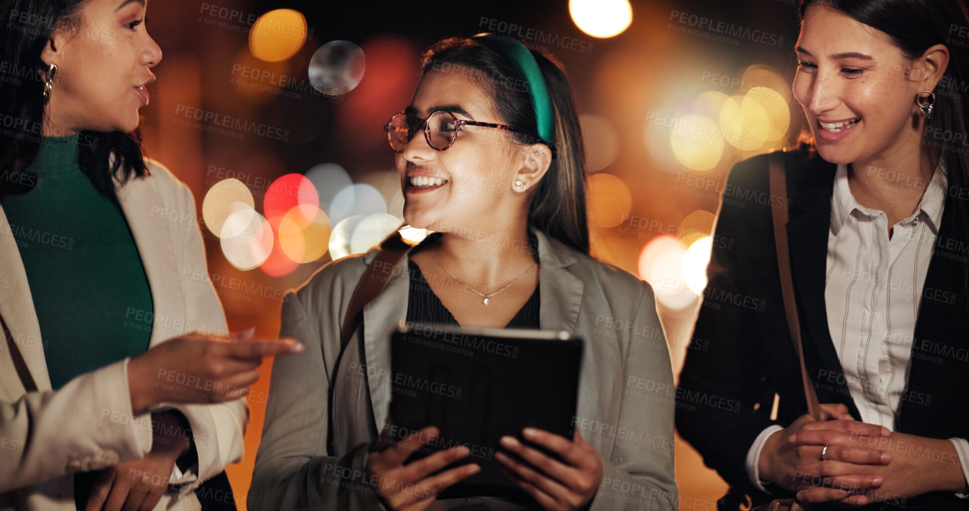 Buy stock photo Tablet, night and planning with business people in city for stock broker report, market research and team. Bokeh, trading app and investor partnership with women outdoor for overtime and account