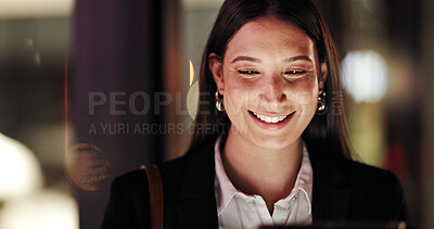 Buy stock photo Happy, night and business woman in office for working late, online proposal and project deadline. Professional, corporate and person on tech in dark for reading report, website or research with bokeh
