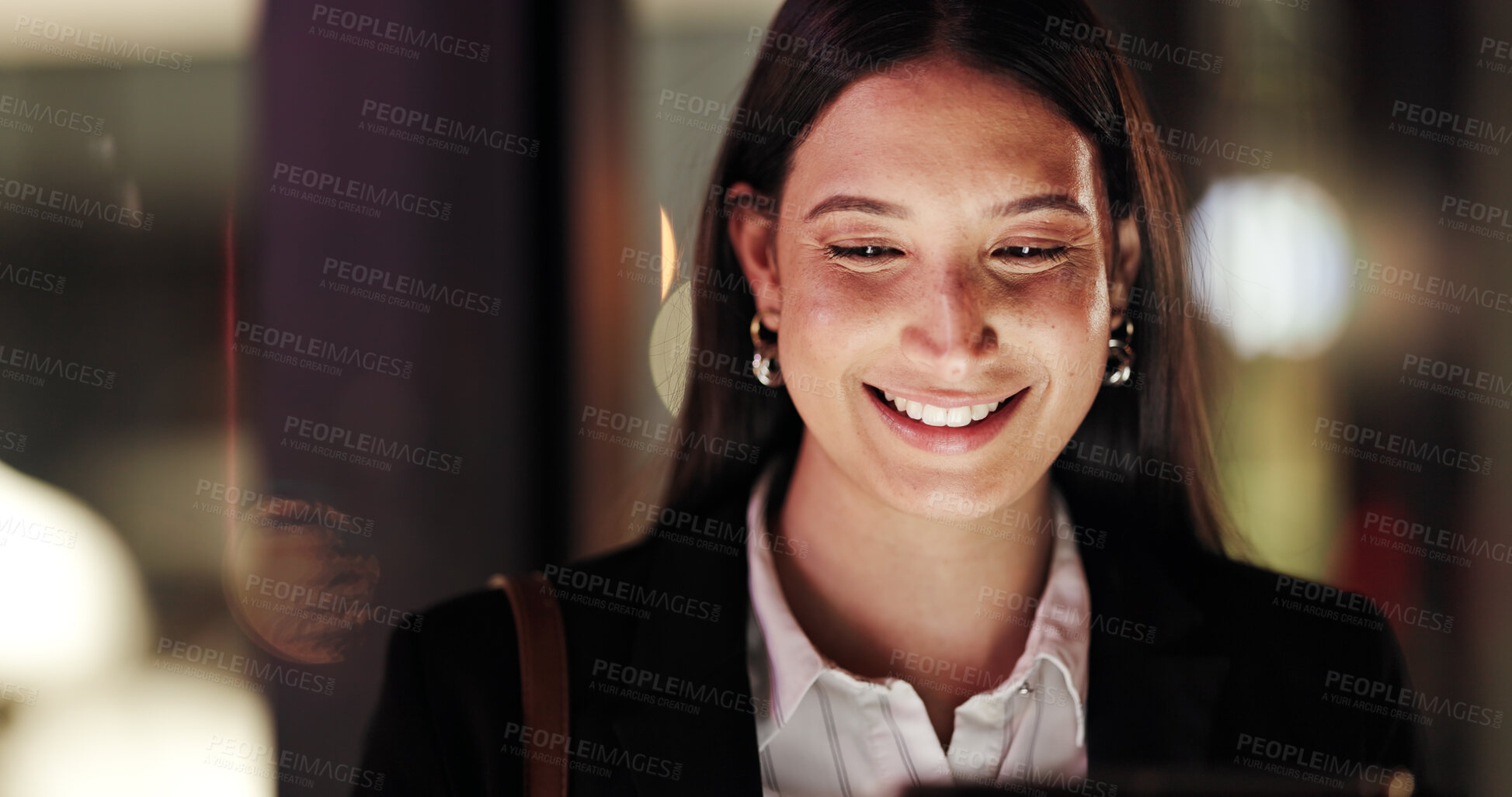 Buy stock photo Happy, night and business woman in office for working late, online proposal and project deadline. Professional, corporate and person on tech in dark for reading report, website or research with bokeh