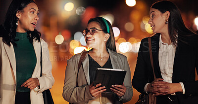 Buy stock photo Tablet, night and discussion with business people in city for stock broker report, market research and team. Bokeh, trading app and investor partnership with women outdoor for overtime and account