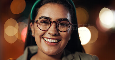 Buy stock photo Portrait, corporate and woman in town at night for travel, about us and bokeh of career pride. Female person, happiness and glasses with positive attitude for commute, consultant and city opportunity