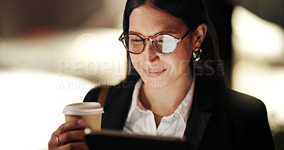 Buy stock photo Woman, tablet and coffee at night in town, smile and scroll with contact, chat or notification on commute. Person, happy and tech with drink, application and booking taxi on business trip in Mexico