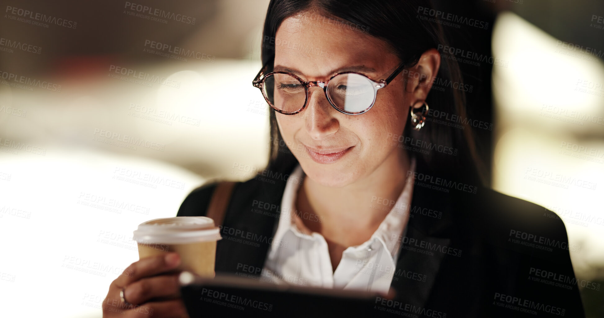 Buy stock photo Woman, tablet and coffee at night in town, smile and scroll with contact, chat or notification on commute. Person, happy and tech with drink, application and booking taxi on business trip in Mexico