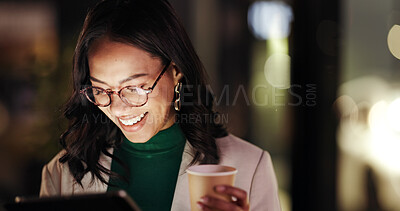 Buy stock photo Businesswoman, tablet and coffee in city with laugh, travel or meme on social network on night commute. Person, tech and dark town for chat on application, contact or funny gossip on web in Colombia
