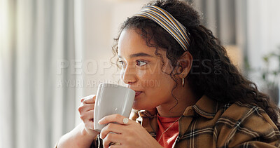 Buy stock photo Thinking, drinking coffee and woman in home for peace, calm and relax on weekend break in morning. Tea, beverage and person with reflection in living room, thoughts or vision with daydream in house