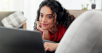 Buy stock photo Headphones, movie streaming or woman with laptop in house, digital or online for social media posting. Relax, technology and person on couch with video, watch and information learning for connection.