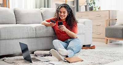 Buy stock photo Woman, phone and credit card in living room for payment, online shopping or banking in home. Female person, student and smile with technology for bank app, ecommerce and purchase or subscription