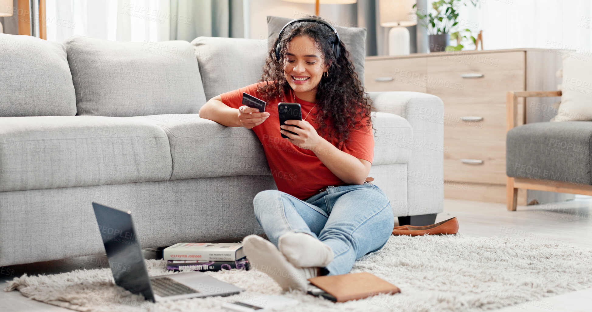 Buy stock photo Woman, phone and credit card in living room for payment, online shopping or banking in home. Female person, student and smile with technology for bank app, ecommerce and purchase or subscription