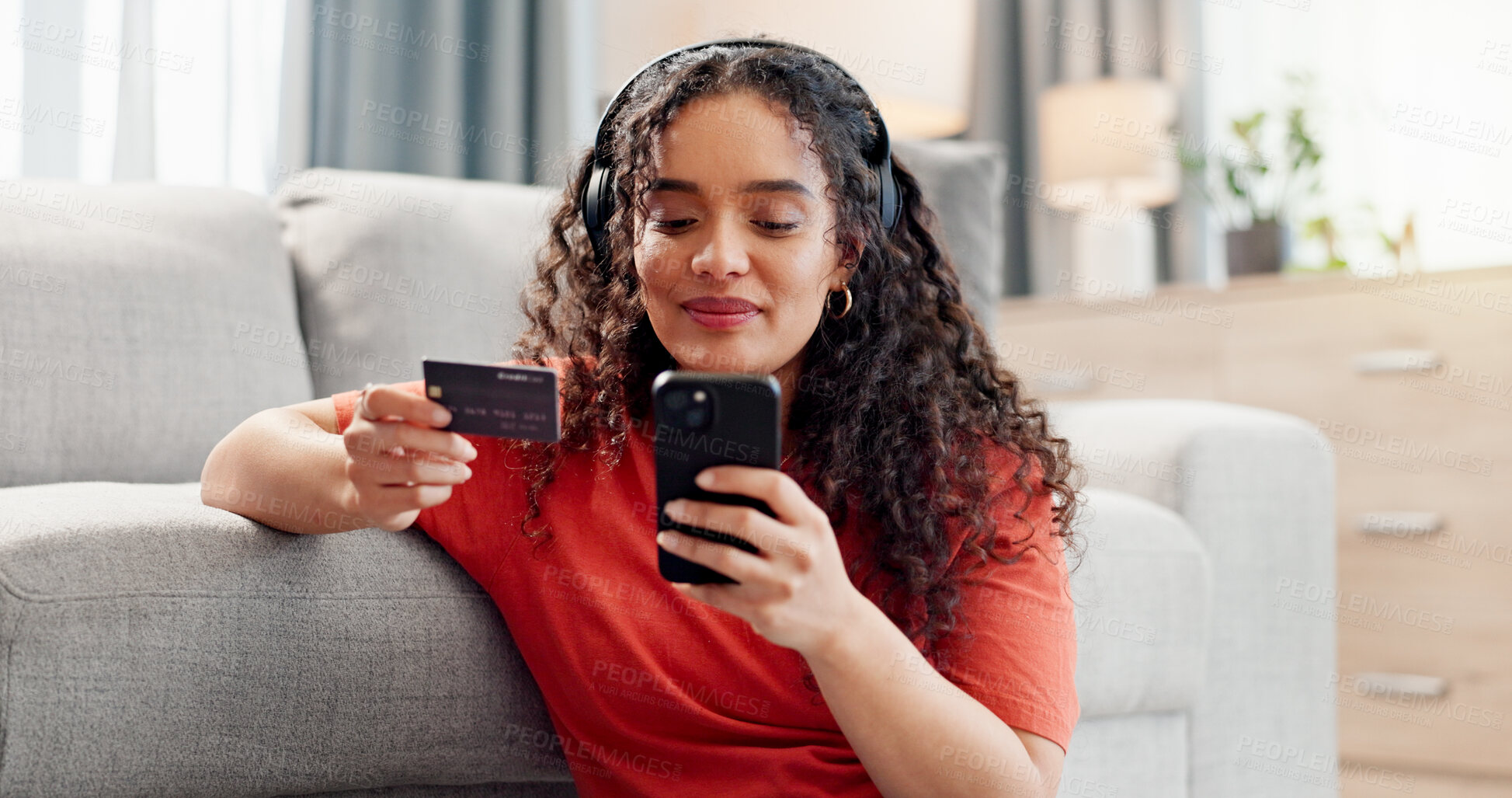 Buy stock photo Woman, phone and credit card in living room for online shopping, purchase or banking in home. Female person, student and smile with technology for bank app, ecommerce and payment or subscription