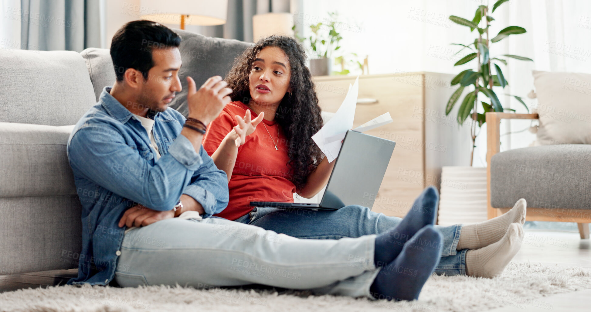 Buy stock photo Stress, couple and talking with document at house for finance planning, payment error and bankruptcy. People, disagreement and laptop for loan paperwork, budget mistake and argue of home repossession