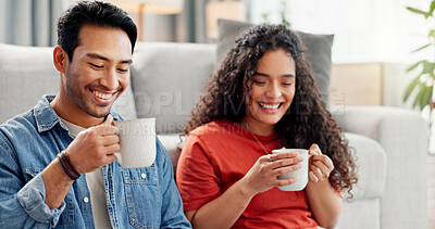 Buy stock photo Relax, sofa and couple in home with coffee for bonding, connection and relationship on weekend. Dating, apartment and man with woman with drink, beverage and rest for love, conversation and romance