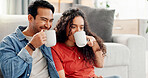 Relax, laugh and couple in home with coffee for bonding, connection and relationship on weekend. Dating, love and man with woman with drink, beverage and tea for care, conversation or happy together