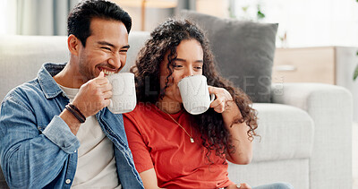 Buy stock photo Relax, laugh and couple in home with coffee for bonding, connection and relationship on weekend. Dating, love and man with woman with drink, beverage and tea for care, conversation or happy together