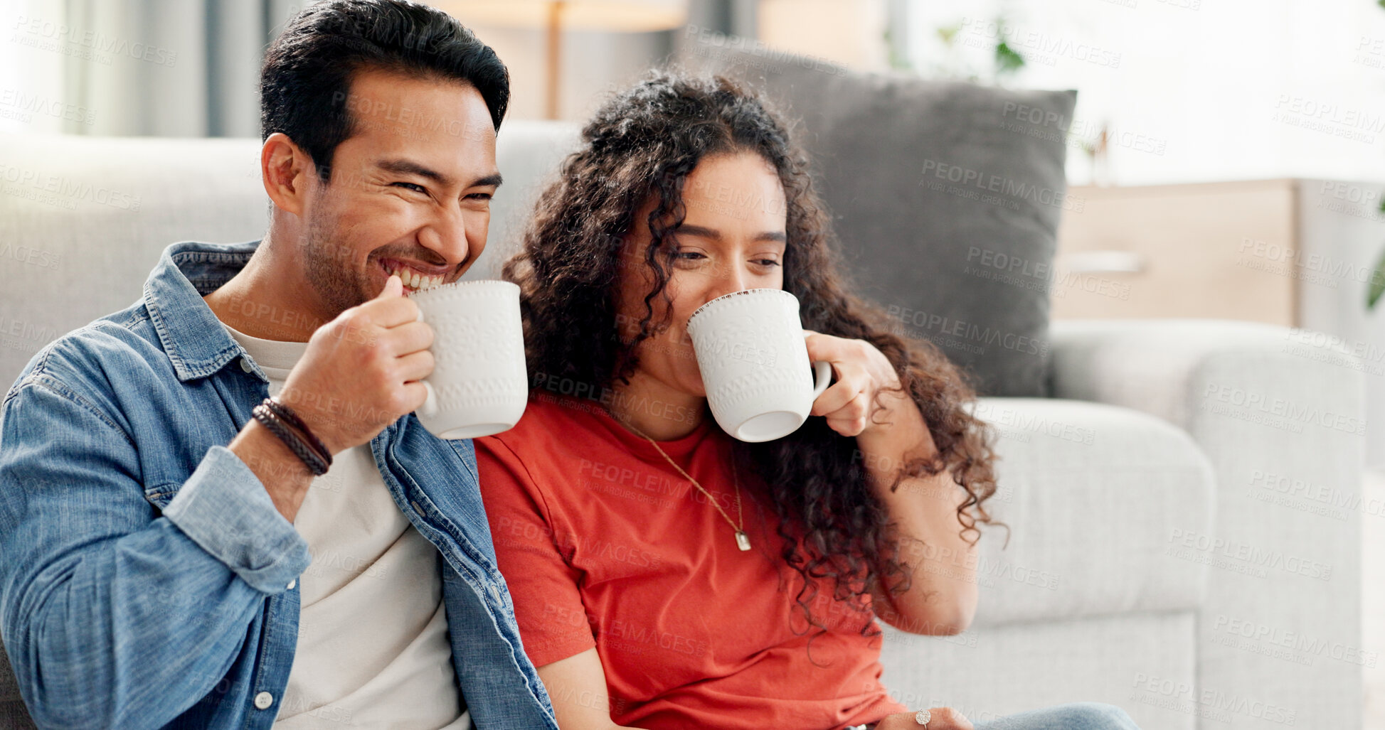Buy stock photo Relax, laugh and couple in home with coffee for bonding, connection and relationship on weekend. Dating, love and man with woman with drink, beverage and tea for care, conversation or happy together