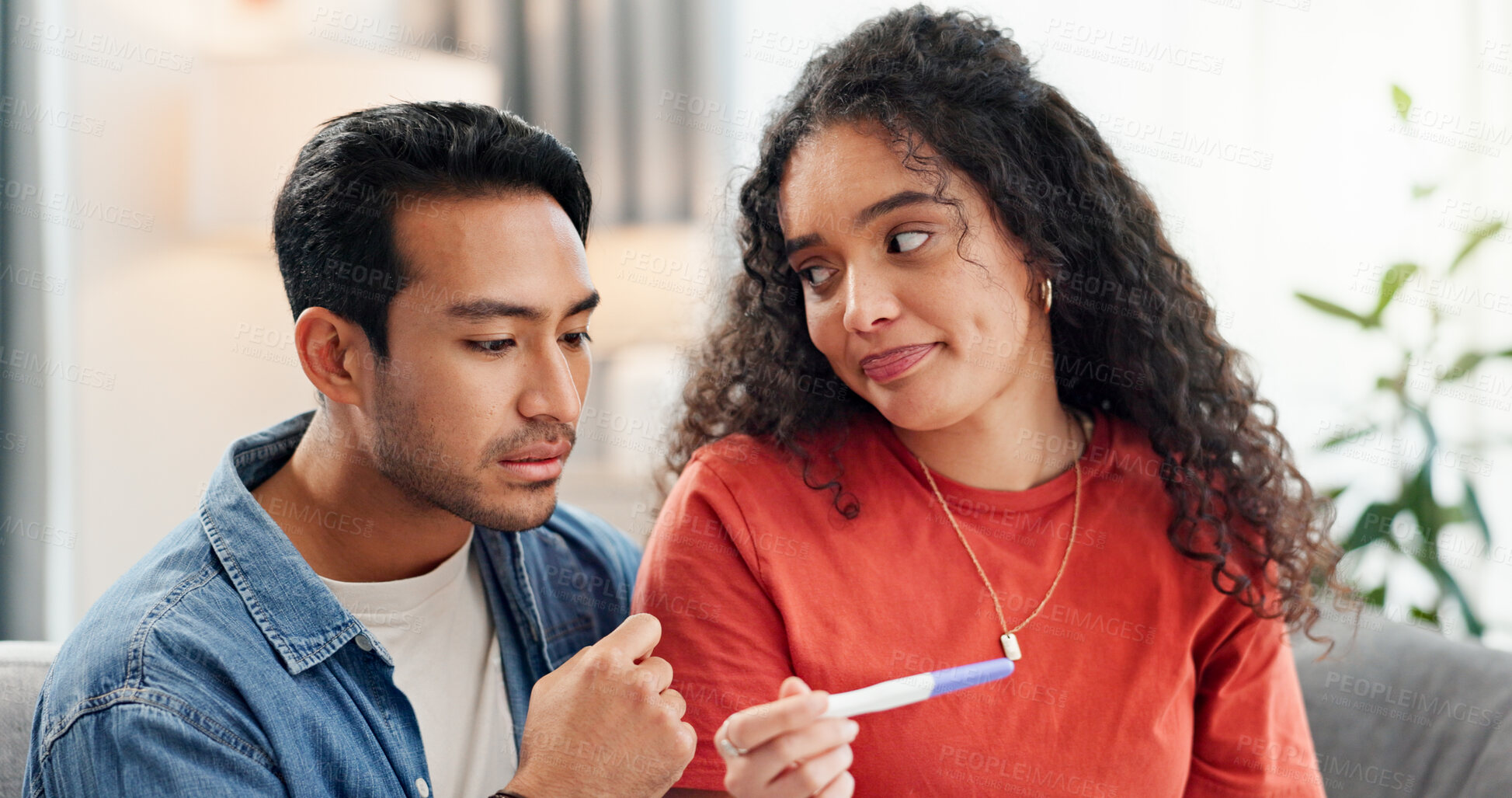 Buy stock photo Pregnancy test, nervous and couple waiting on sofa for fertility success, results and parenting news. Relationship, pregnant and man with woman with medical kit unsure for ivf treatment or ovulation