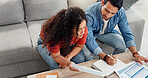 Above, couple and writing with document at house for finance planner, review budget and bills invoice. People, paperwork and application for home insurance, mortgage expenses and reminder for payment