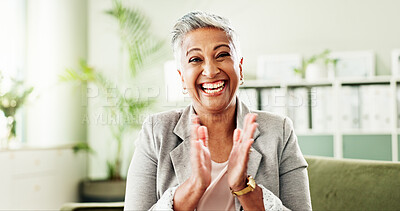 Buy stock photo Applause, business and woman with celebration, portrait or excited with profit increase. Mature person, invest or employee on sofa, achievement or success with trading opportunity, clapping or smile