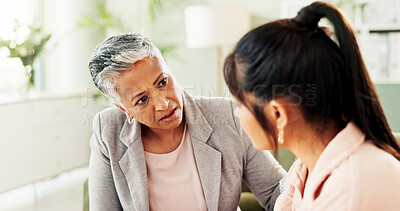 Buy stock photo Sad, counseling and help with women at therapist office for mental health, depression and empathy. Psychologist, grief recovery and trauma with people in clinic for support, compassion and therapy