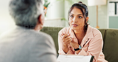 Buy stock photo Psychologist, therapy and woman listening in consultation for help, psychology assessment or advice. Counseling, therapist or patient with depression, stress or discussion for mental health in office