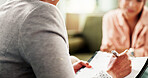 Hands, mental health and people in office with writing, advice or patient history in consultation. Appointment,  therapy and psychologist in practice with notes, evaluation or assessment for wellness