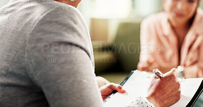 Buy stock photo Hands, mental health and people in office with writing, advice or patient history in consultation. Appointment,  therapy and psychologist in practice with notes, evaluation or assessment for wellness
