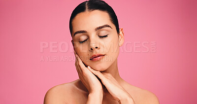 Buy stock photo Beauty, face and wellness with woman on studio space for cosmetics or dermatology results. Aesthetic, relax and skincare with model, touching skin, isolated on pink background for satisfaction