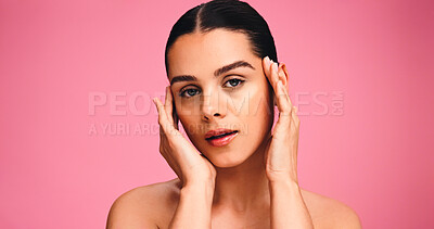 Buy stock photo Skincare, health and portrait of woman in studio with natural, cosmetics or facial glow. Serious, mockup space and female person from Brazil with face dermatology for wellness by pink background.