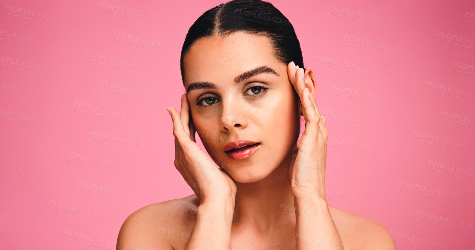 Buy stock photo Skincare, health and portrait of woman in studio with natural, cosmetics or facial glow. Serious, mockup space and female person from Brazil with face dermatology for wellness by pink background.