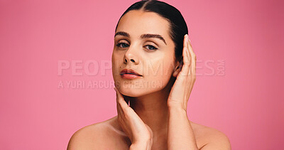 Buy stock photo Skincare, cosmetics and portrait of woman in studio with natural, beauty or facial glow. Serious, mockup space and female person from Brazil with face dermatology for wellness by pink background.