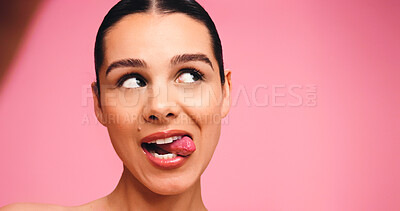 Buy stock photo Beauty, selfie and woman in studio with cosmetics, tongue out or skincare results for self care. Mockup space, face or person with glowing skin, social media post or cosmetology on pink background.