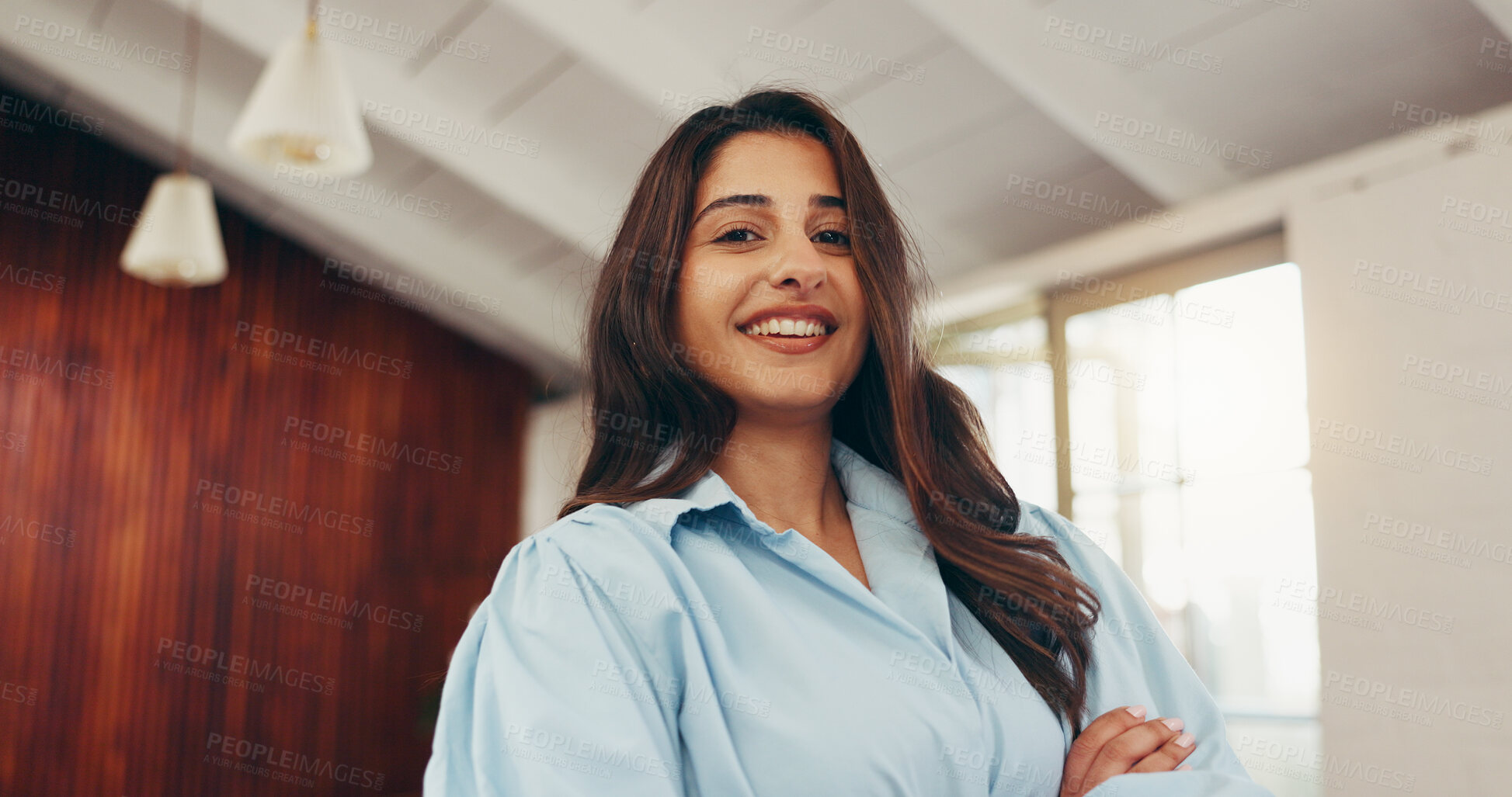 Buy stock photo Smile, arms crossed and portrait of business woman in office for confidence, real estate broker and about us. Pride, property agent and realtor with employees in agency as commercial developer