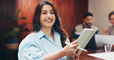 Buy stock photo Tablet, smile and portrait of business woman in office for social media marketing, campaign and reading. Planning, branding and email newsletter with female person in creative agency for feedback