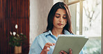 Tablet, scroll and research with business woman in office for social media marketing, campaign and reading. Planning, branding and email newsletter with person in creative agency for feedback