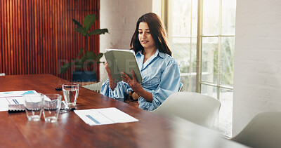 Buy stock photo Business, reading and woman in office with tablet, review and research for industry trend. Corporate, report and strategy analyst in workplace with tech, insight or assessment in market evaluation.