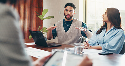 Buy stock photo Discussion, laptop and business people in office with creative team in collaboration for publishing. Meeting, documents and editor group with tablet for feedback, review or advice in workplace