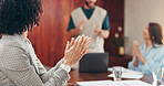 Business people, meeting or applause with team for presentation, good job or well done in office. Group, employees or clapping with celebration for speech, project success or pitch in workplace