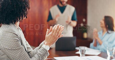 Buy stock photo Business people, meeting or applause with team for presentation, good job or well done in office. Group, employees or clapping with celebration for speech, project success or pitch in workplace