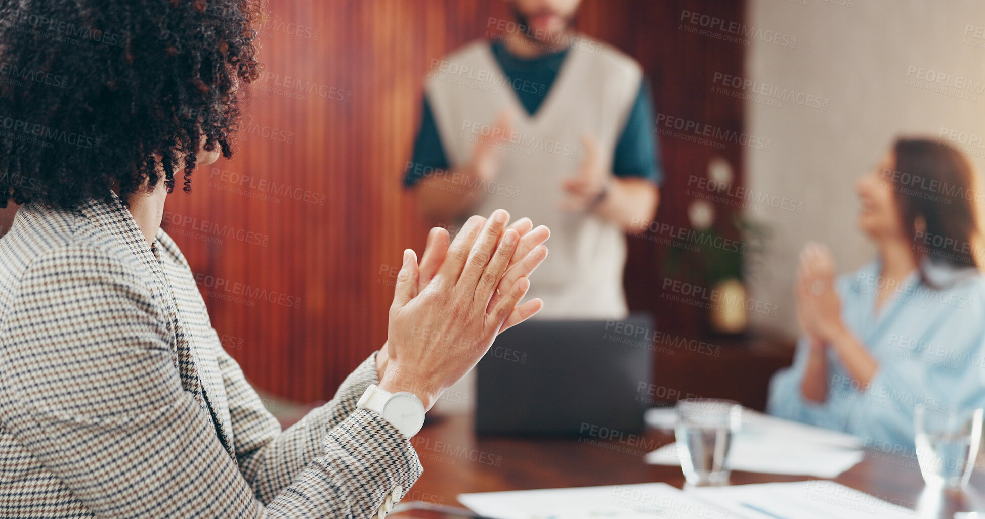 Buy stock photo Business people, meeting or applause with team for presentation, good job or well done in office. Group, employees or clapping with celebration for speech, project success or pitch in workplace