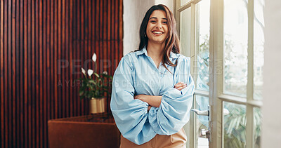 Buy stock photo Portrait, woman and smile with arms crossed at hotel for career pride, about us and welcome. Happy, female manager and confident for hospitality, booking accommodation and satisfaction with enquiries