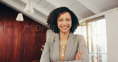 Buy stock photo Happy, arms crossed and portrait of business woman in office for confidence, real estate broker and about us. Pride, property agent and opportunity with employee in agency as commercial developer