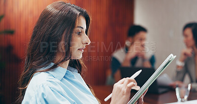 Buy stock photo Tablet, online and stylus with business woman in office for event planning, project budget and research. Timeline progress, review and program manager with person in creative agency for checklist