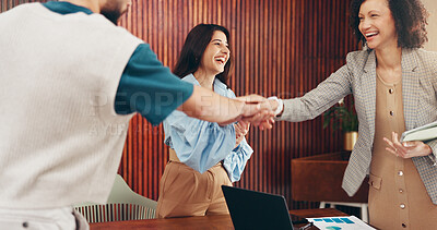 Buy stock photo Happy, business people or meeting with handshake for b2b, agreement or partnership in office. Employees, colleagues or shaking hands with paperwork for team introduction, project or deal together