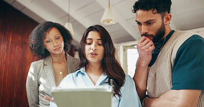 Buy stock photo Group, business people and planning with tablet in office for compliance review, idea or discussion. Technology, proposal and conversation with team in meeting for policy development or project