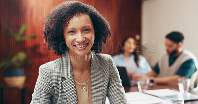 Buy stock photo Smile, meeting and portrait of business woman in office for confidence, real estate broker and about us. Pride, property agent and realtor opportunity with employees in agency as commercial developer