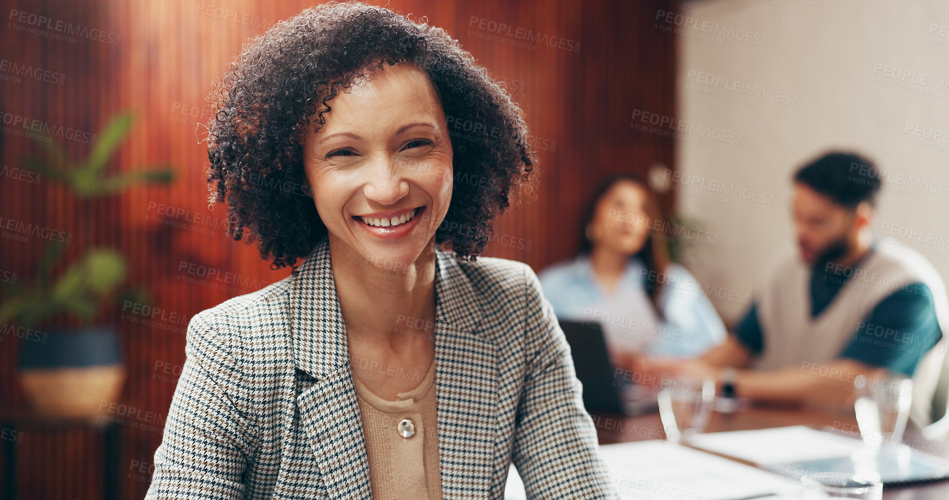 Buy stock photo Smile, meeting and portrait of business woman in office for confidence, real estate broker and about us. Pride, property agent and realtor opportunity with employees in agency as commercial developer