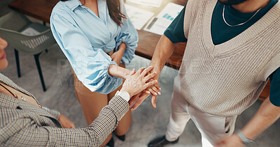 Buy stock photo Hands, stack and team at office in circle, support or synergy with motivation in huddle at startup. People, group and above at workplace for celebration, success and collaboration at creative agency